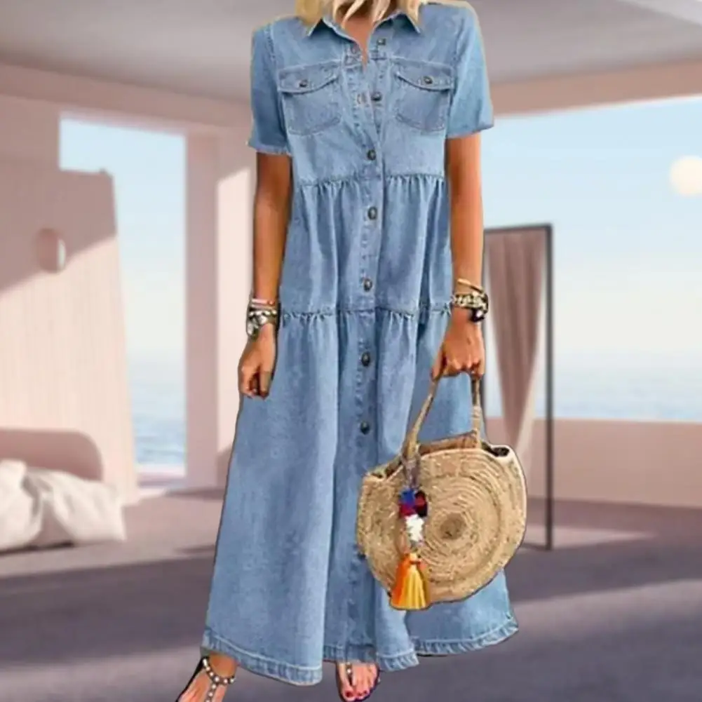 Female Popular Pure Color A-Line Dress Temperament Jean Dress Turndown Collar for Vacation
Female Popular Pure Color A-Line Dress Temperament Jean Dress Turndown Collar for Vacation