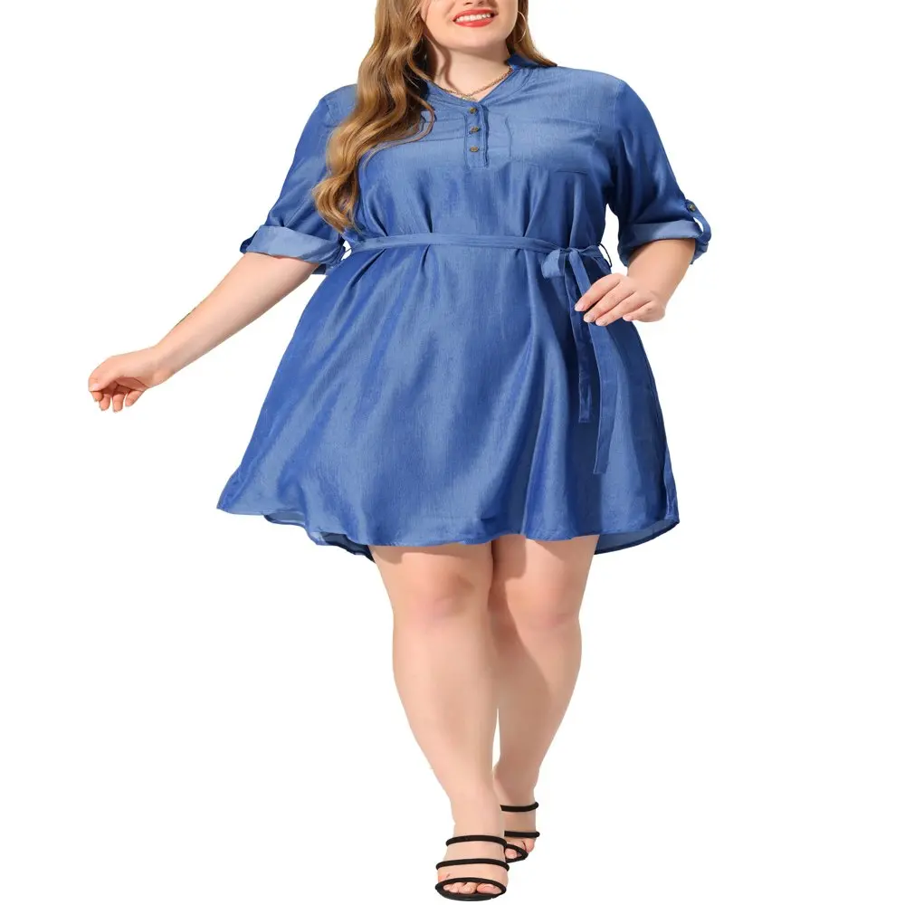 

Unique Bargains Women`s Plus Size Belted Roll Up Sleeves Above Knee Dress