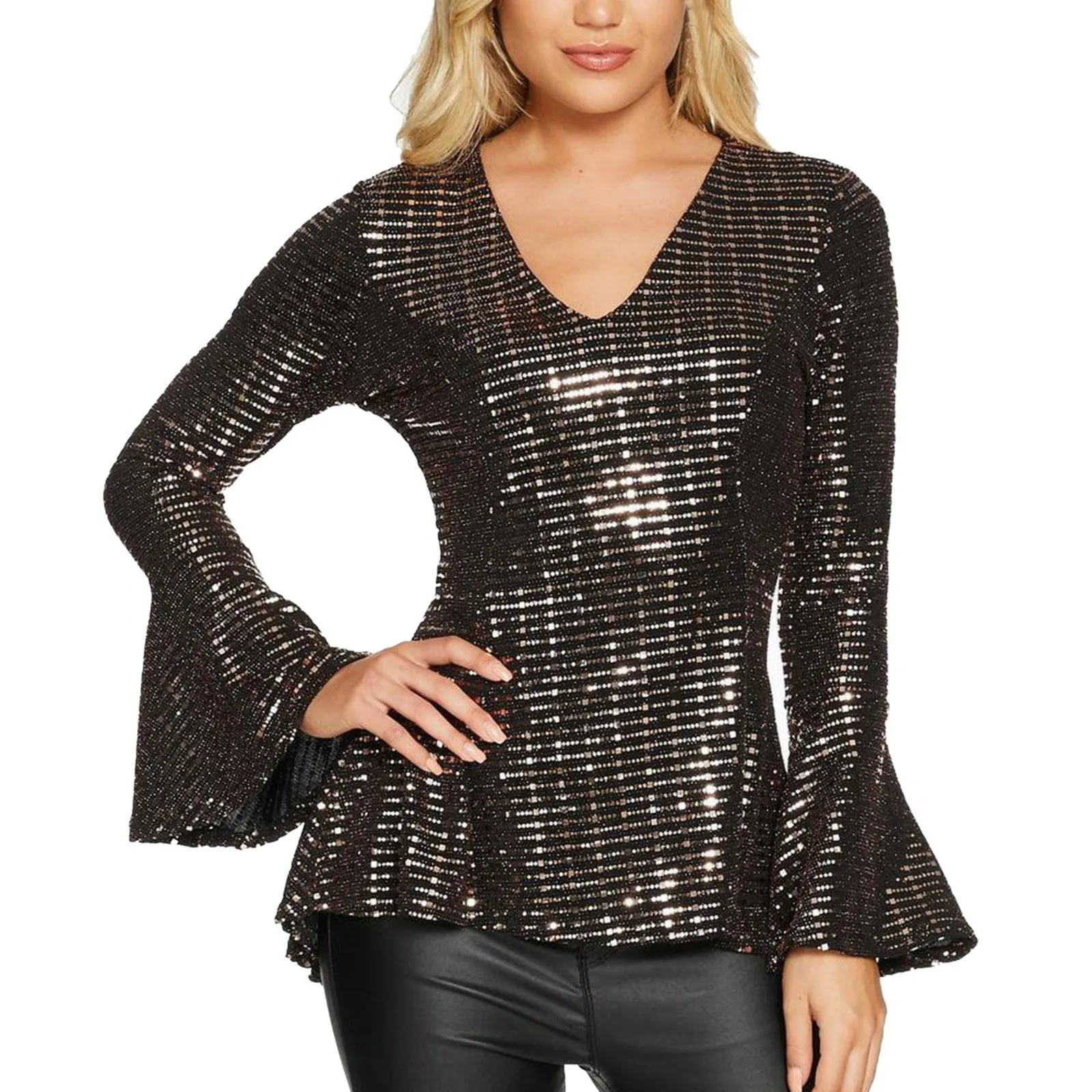 Fashion Sequin Black Tops Ladies Sexy V Neck Flare Sleeve Swing Tunic Shirts 2022 New Women Club Party Nightgowns Pullover Blusa
Fashion Sequin Black Tops Ladies Sexy V Neck Flare Sleeve Swing Tunic Shirts 2022 New Women Club Party Nightgowns Pullover Blusa