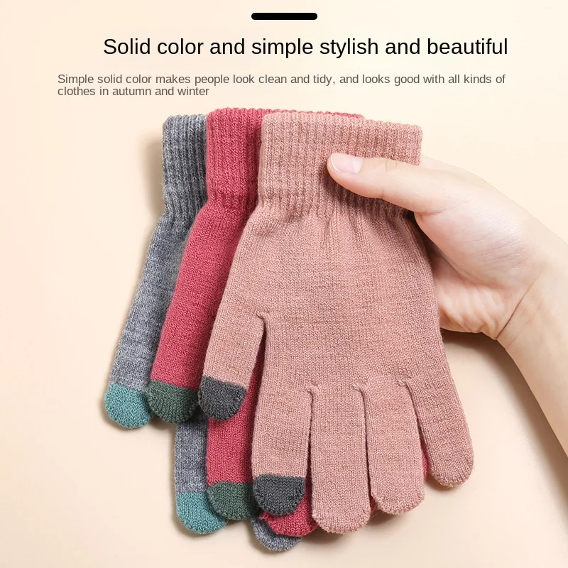 

New Men's and Women's Wool Warm Touch-screen Gloves for Autumn and Winter Students Add Velvet Finger Knitted Gloves Wholesale