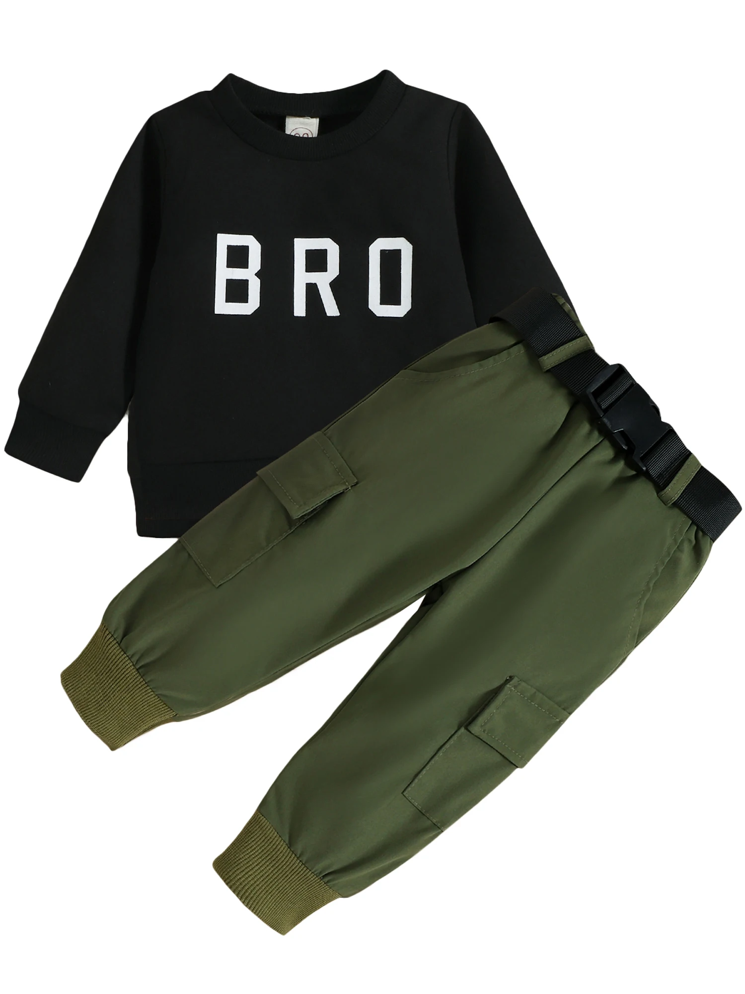 

Caziffer 2 Pcs Baby Boys Autumn Clothes Set Letter Print Long Sleeve Sweatshirts Tops Solid Color Pocket Cargo Pants Belt