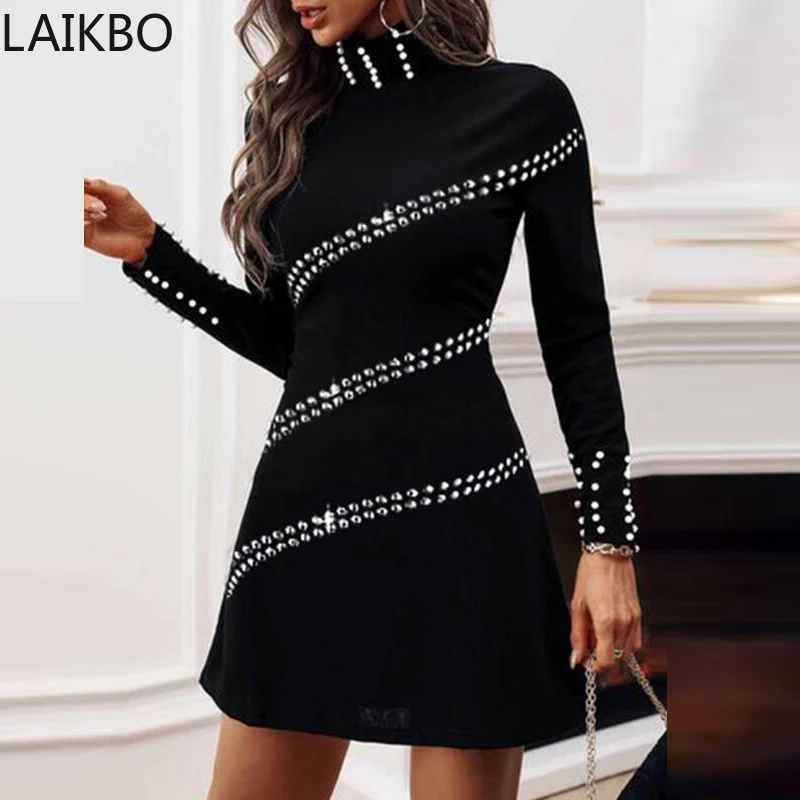 2022 Spring Turtleneck Beading Black Dresses Elegant Lady Fashion Patchwork Mini Dress Autumn Women Slim Long Sleeve Party Dress
2022 Spring Turtleneck Beading Black Dresses Elegant Lady Fashion Patchwork Mini Dress Autumn Women Slim Long Sleeve Party Dress