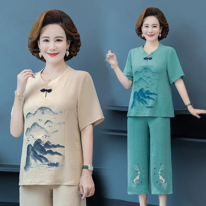 Top Piece Set Mother Summer Cotton Linen Foreign Style Reduction Middle Aged And Elderly Women Loose Short Sleeve
Top Piece Set Mother Summer Cotton Linen Foreign Style Reduction Middle Aged And Elderly Women Loose Short Sleeve