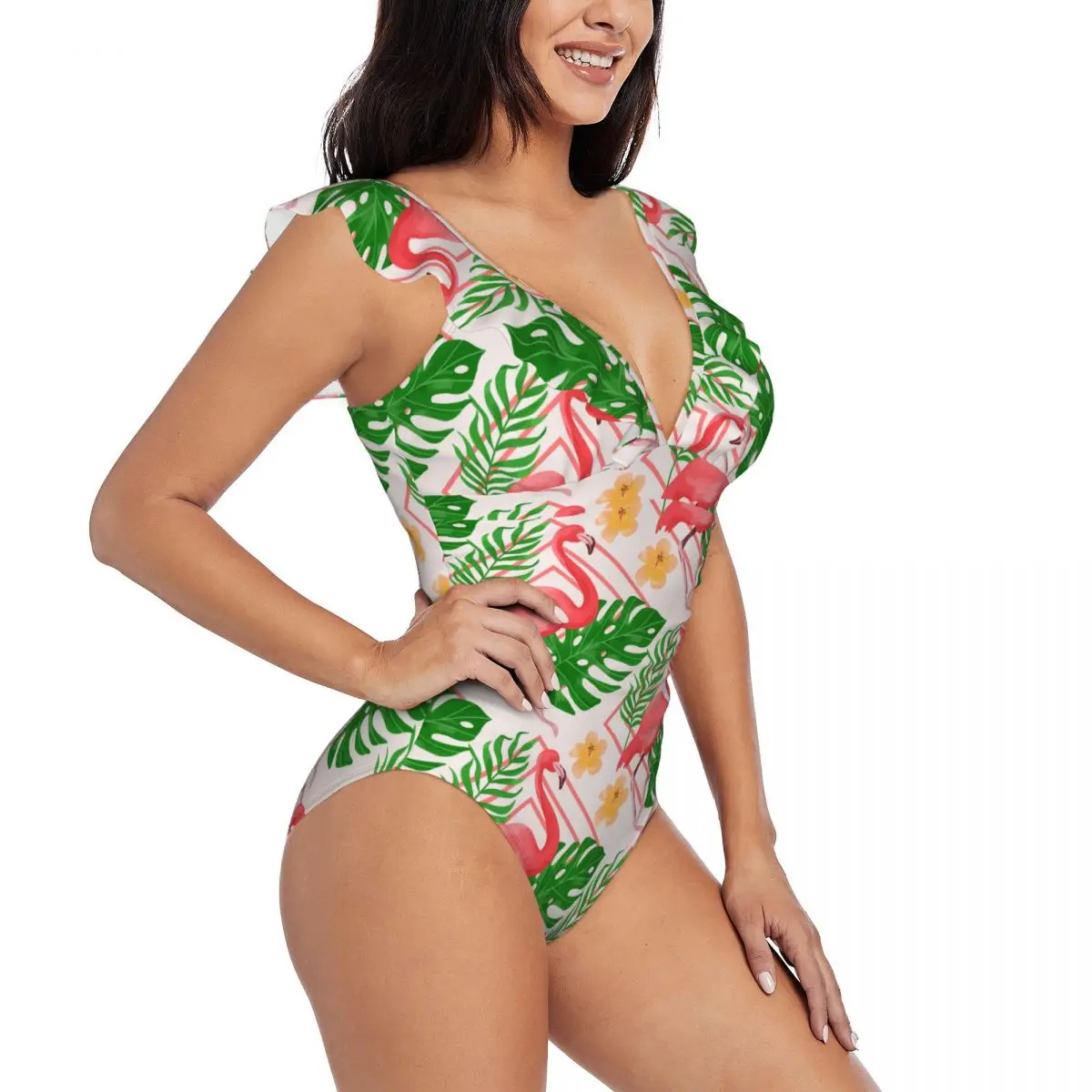 

Sexy One Piece Swimsuit Push Up Swimwear Flamingo Summer Palm Leaves Women Ruffle Monokini Swimsuit Bodysuit Bathing Suit