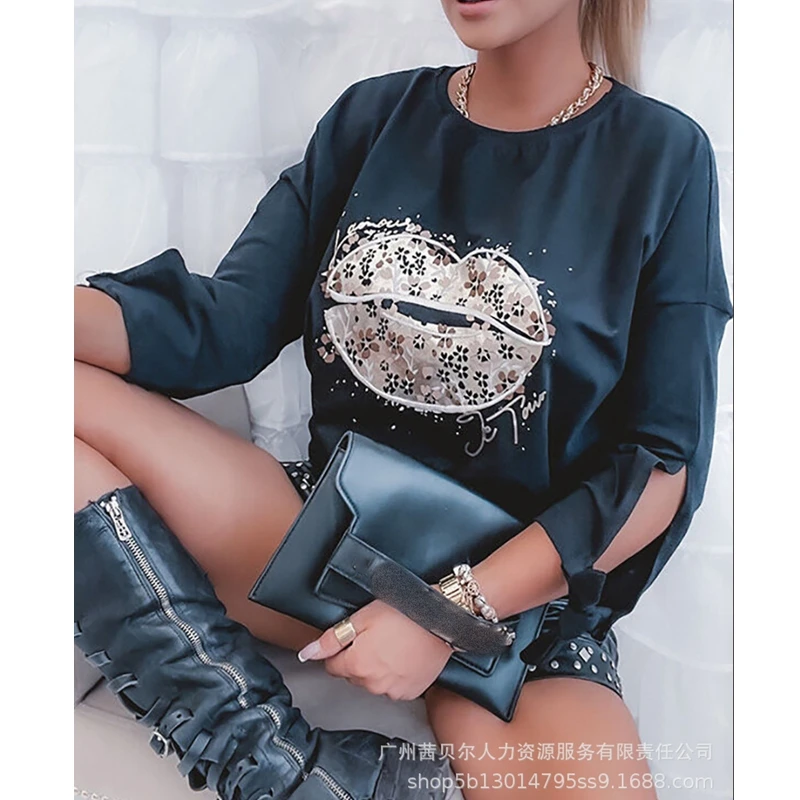 

Women T-shirt Spring Summer Lip Printings Lace-up Hollow Out T-shirt Top Women Casual Long Sleeve O-Neck Loose Pullover T-shirt