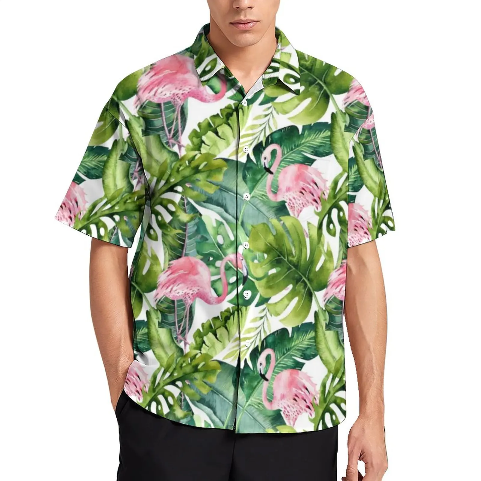 

Pink Flamingo Pattern Vacation Shirt Chic Tropical Leaves Hawaii Casual Shirts Men Streetwear Blouses Short Sleeve Clothing