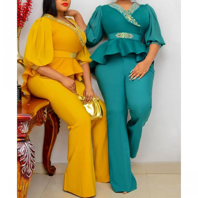 

S 5XLdashiki African Clothes Women's Two Piece Matching Set Solid Color Ruffle Top Fashion Trousers African Suit Spring 2022 New