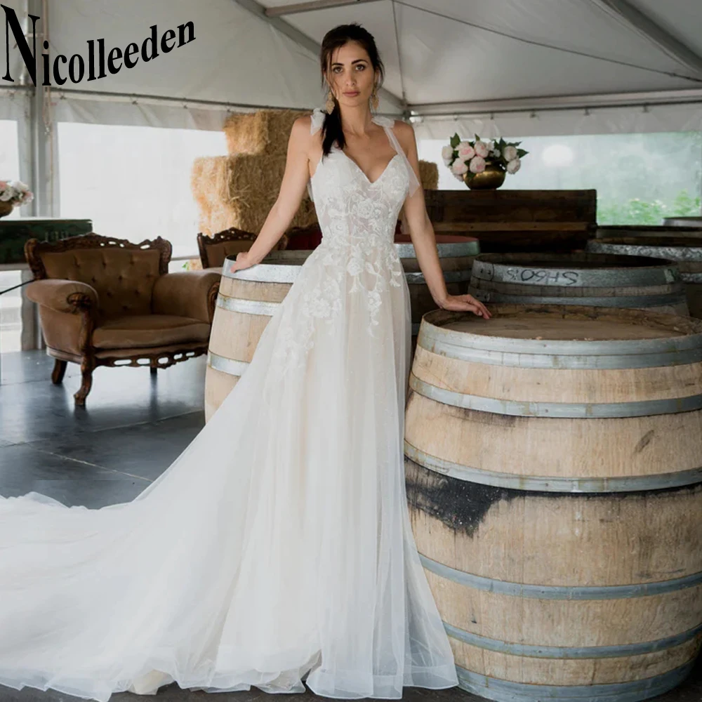Nicolle Classic Bow Wedding Dresses Spaghetti Straps Appliques Court Train V-Neck A-LINE Backless Tulle Vestidos De Novia
Nicolle Classic Bow Wedding Dresses Spaghetti Straps Appliques Court Train V-Neck A-LINE Backless Tulle Vestidos De Novia