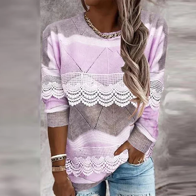 Autumn Casual Contract Color Knitted Sweater Elegant Lace Patchwork Long Sleeve Tops Women O Neck Office Warm Pullovers Jumpers
Autumn Casual Contract Color Knitted Sweater Elegant Lace Patchwork Long Sleeve Tops Women O Neck Office Warm Pullovers Jumpers