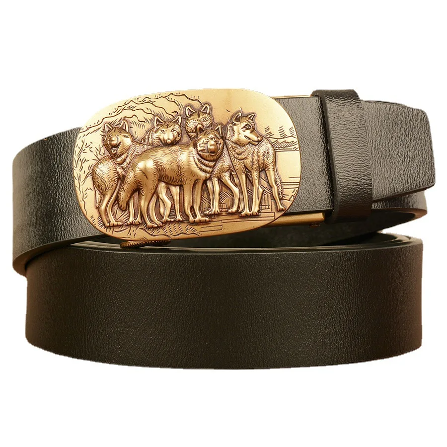 

Wolf Pattern Belt For Men High Quality Genuine Leather Belts For Male Fashion Metal Automatic Buckle Vintage Waistband Business