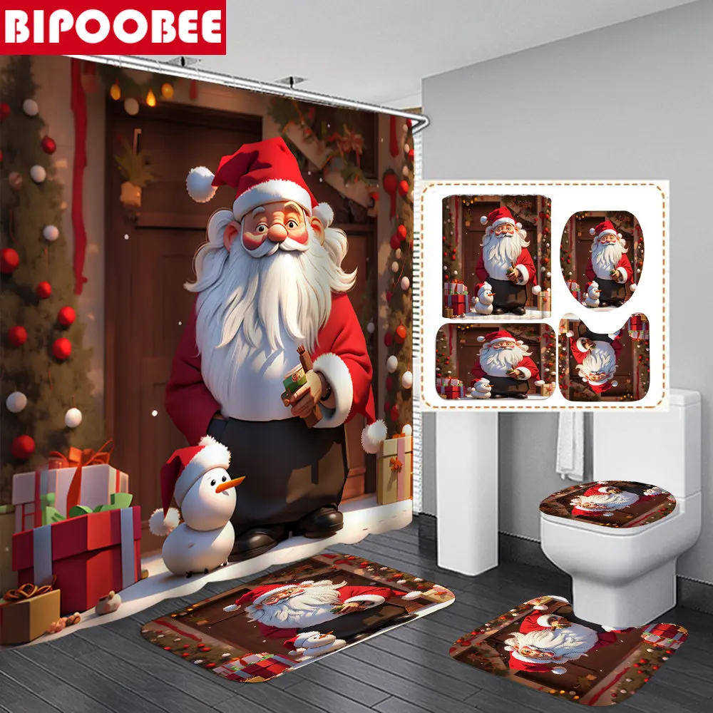 

Merry Christmas Bathroom Set Santa Claus Snowman Gift Pattern Shower Curtains Non-slip Mats Toilet Lid Cover Bath Rugs Carpet