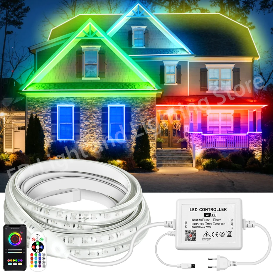 

Светодиодная лента 220 В RGB 5050 SMD, гибкая водонепроницаемая лента IP67 с регулируемой яркостью, Светодиодная лента RGB с дистанционным управлением/Bluetooth/Tuya, Wi-Fi управлением