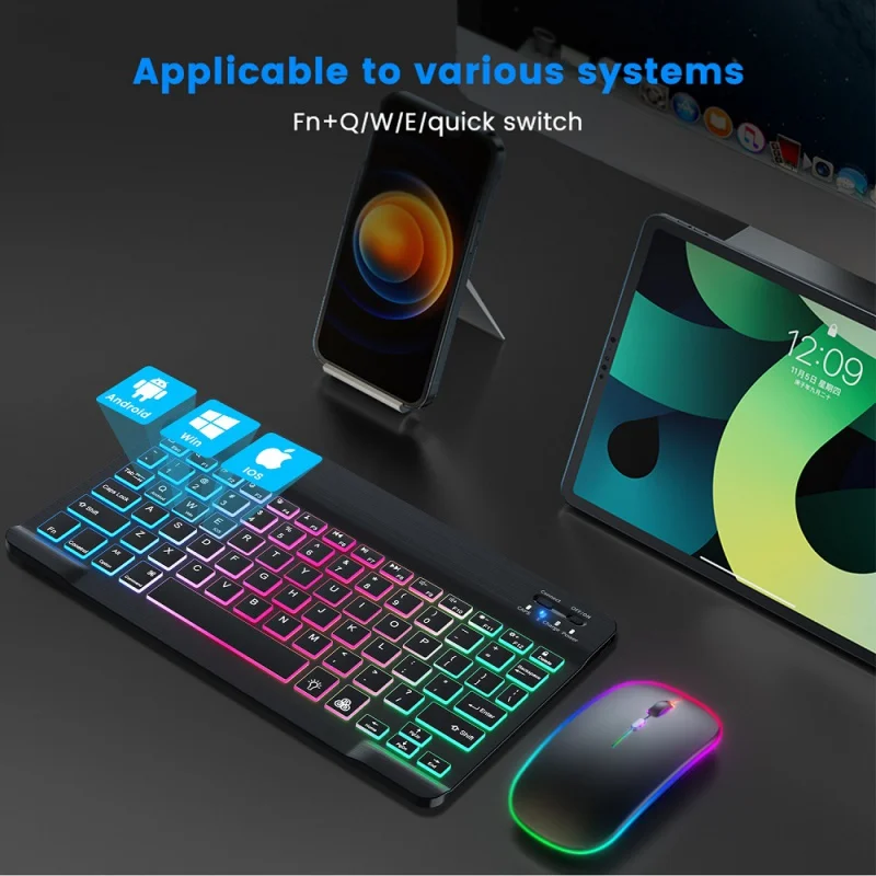 

Беспроводная клавиатура и мышь, перезаряжаемые Bluetooth клавиатуры, мышь в комплекте, русская клавиатура RGB для ipad, планшета, ноутбука, телефона