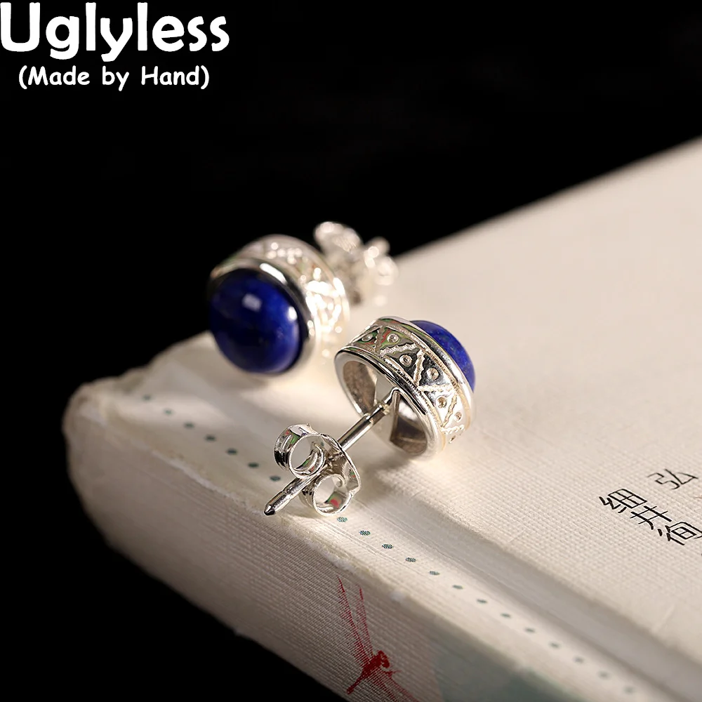 

Uglyless Noble Natural Blue Lapis Studs Earrings for Women Exotic 925 Sterling Silver MINI Earrings Vintage Fashion Brincos Gems