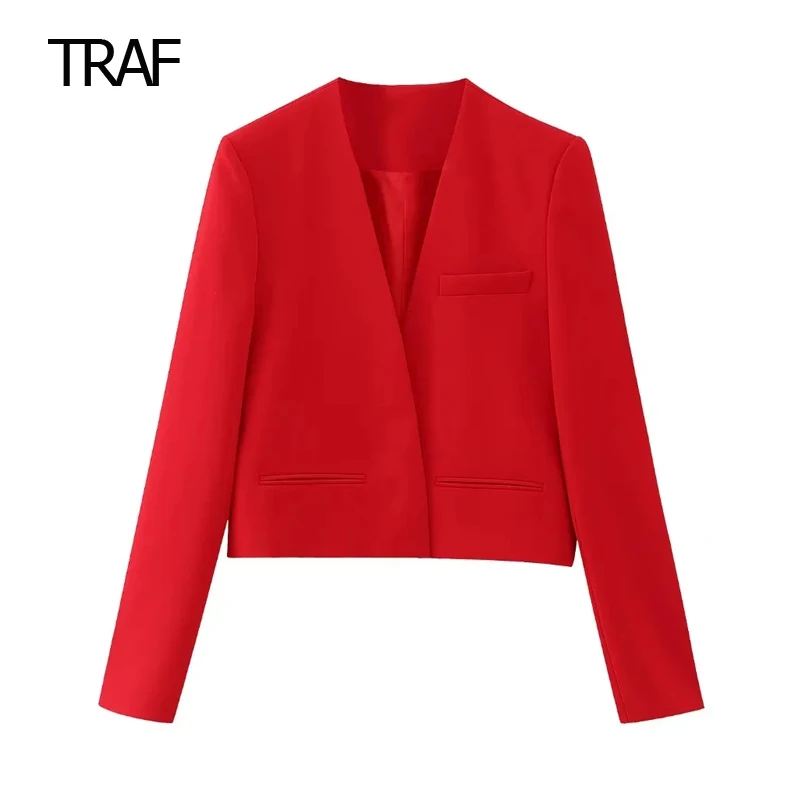 

TRAF Woven Suit Coat Women Coats Autumn 2023 V-Neck Long Sleeve Front False Welt Pockets Coat Chic And Elegant Female Suit Coat