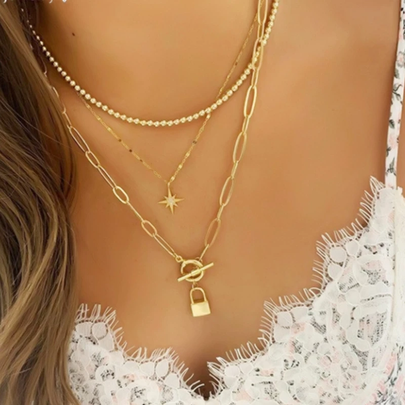 Geometric Fashion Multi Layer Lock Portrait Pendants Necklaces For Women Gold Metal Key Heart Necklace New Design Jewelry Gift
Geometric Fashion Multi Layer Lock Portrait Pendants Necklaces For Women Gold Metal Key Heart Necklace New Design Jewelry Gift