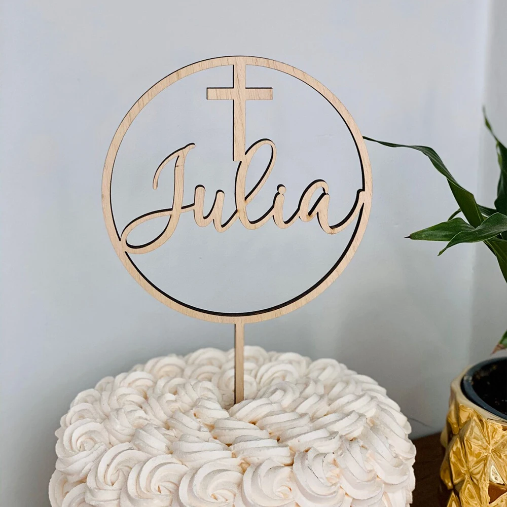 

Personalized Name with Cross Circle Cake Topper Baptism Cake Topper First Communion Cake Topper Christening Birthday Blessing