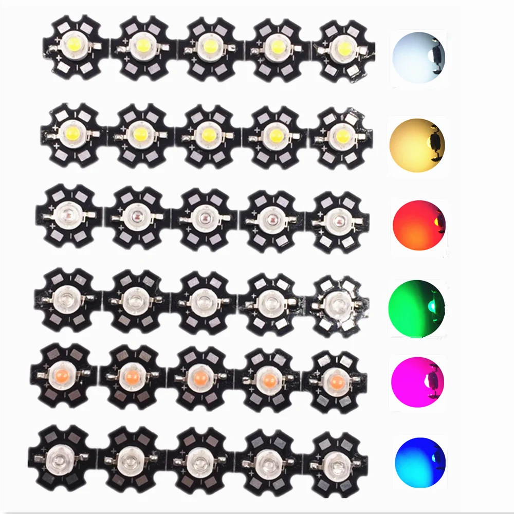 

50pcs 1W 3W High Power LED Full Spectrum White Warm white Green Blue Deep Red 660nm Royal blue UV IR With 20mm Black Star PCB