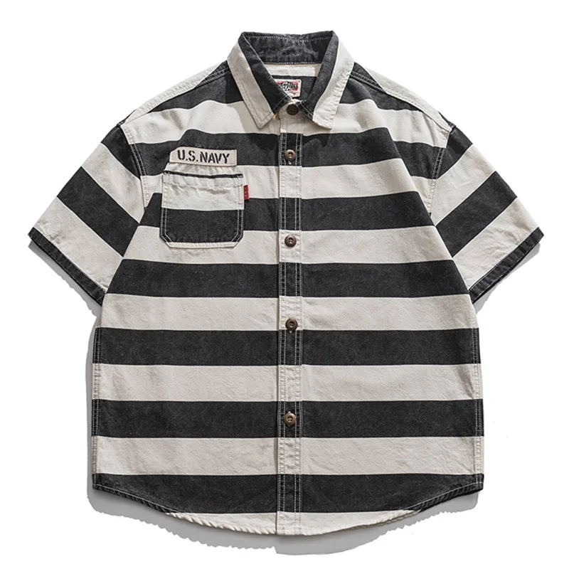 Summer New American Retro Black and White Striped Tooling Shirt Men's 100% Cotton Heavyweight Motorcycle Prison Loose Blouses
Summer New American Retro Black and White Striped Tooling Shirt Men's 100% Cotton Heavyweight Motorcycle Prison Loose Blouses