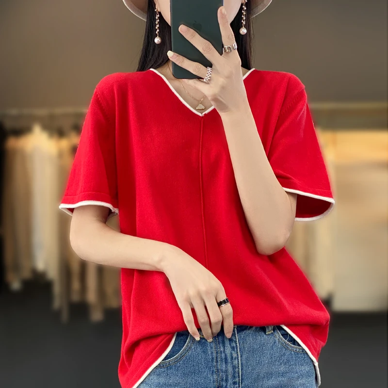 

2023 Spring/Summer New Women's Cotton Worsted V-Neck Pullover Short Sleeve. Stylish Loose Comfortable Short Sleeves