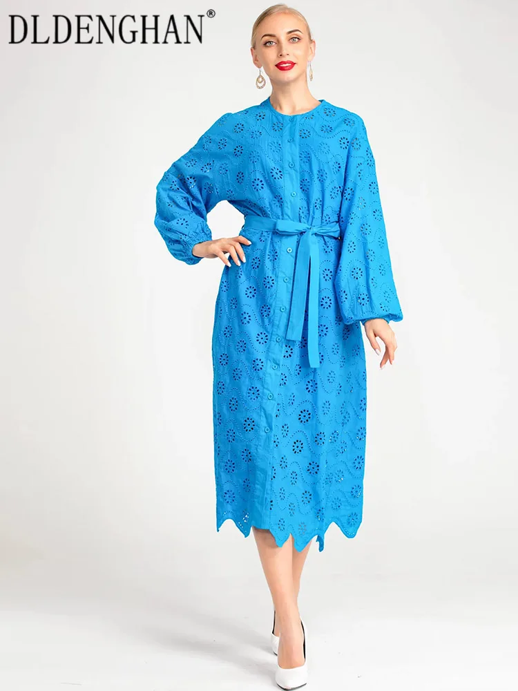 DLDENGHAN Fashion Designer Spring Dress Women O-Neck Lantern Sleeve Hollow Out Embroidery Vintage Blue Sashes Dresses
DLDENGHAN Fashion Designer Spring Dress Women O-Neck Lantern Sleeve Hollow Out Embroidery Vintage Blue Sashes Dresses