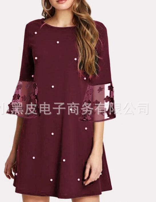 

Women's Dress 2023 Spring Mesh Spliced Bell Sleeves Solid Color A-Line Daily Casual Loose Dress Short Dress for Women Basic