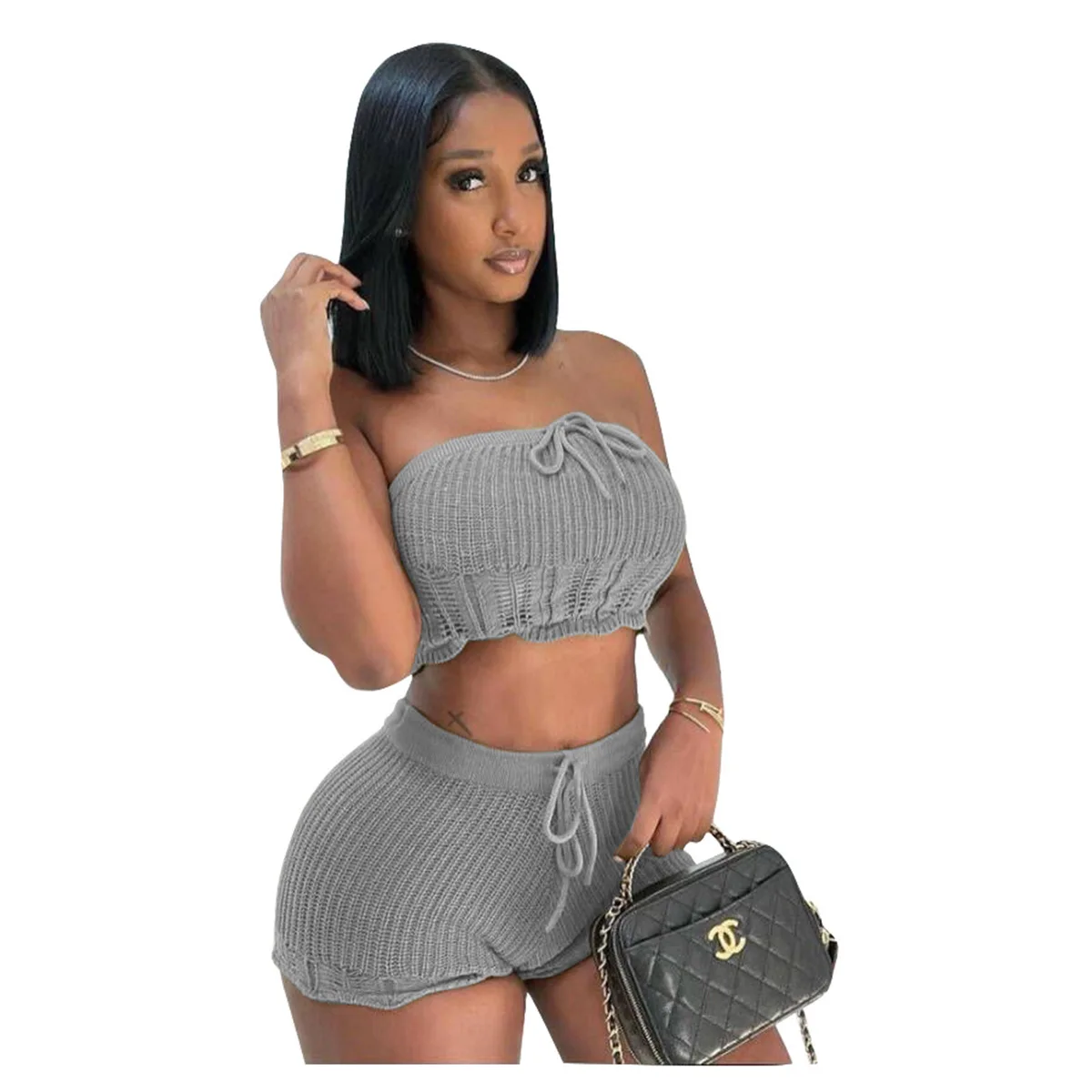 Summer Outfits Crop Strapless Sweater Set Women Tube Top And Shorts Solid Color Drawstring Knit Chest Wipe Two Piece Clothing
Summer Outfits Crop Strapless Sweater Set Women Tube Top And Shorts Solid Color Drawstring Knit Chest Wipe Two Piece Clothing