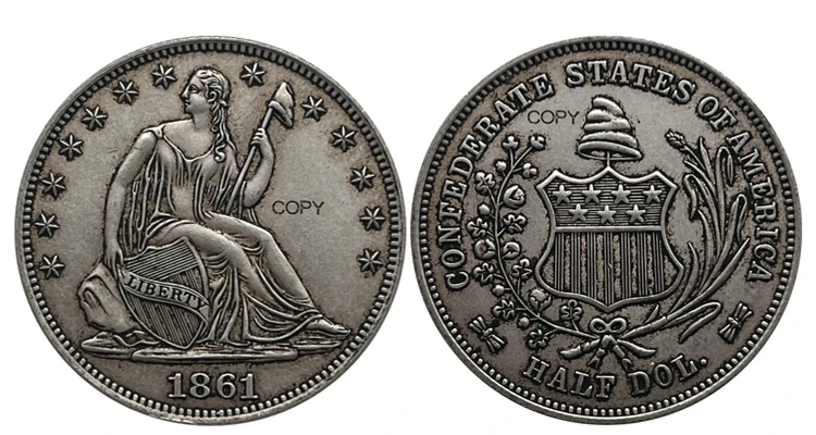 Посеребренная копия монеты Конфедеративных Штатов Америки 1861 года
Посеребренная копия монеты Конфедеративных Штатов Америки 1861 года