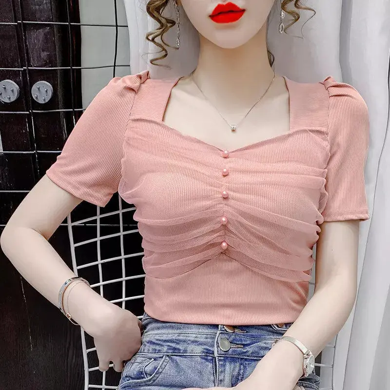 Women Casual T Shirt Mesh Stitching Square Neck Puff Sleeve T-shirt Women's 2022 Summer Korean Style Short-sleeved Top
Women Casual T Shirt Mesh Stitching Square Neck Puff Sleeve T-shirt Women's 2022 Summer Korean Style Short-sleeved Top