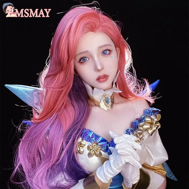

MsMay LoL KDA Seraphin Wig Side Part Pink Wig Ombre Purple Long Gradient Wavy Curly Wig Cosplay Costume Accessories Women