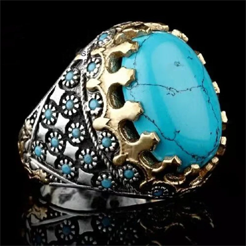 

New Inlaid Turquoise Men's Luxury Flower Ring Personality Retro Personality Ring To Attend The Banquet Party Fashion Jewelry
