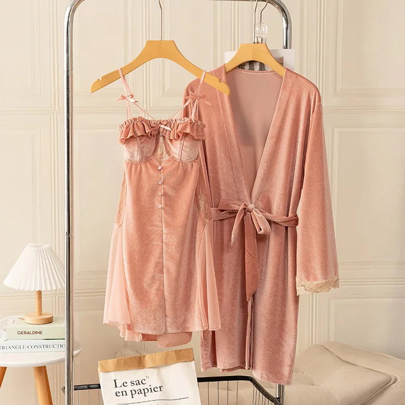 Pink Female Velvet Twinset Robe Set Sexy Patchwork Lace Sleepwear Bathrobe Gown Suspender Nightdress Loose Velour Home Clothes
Pink Female Velvet Twinset Robe Set Sexy Patchwork Lace Sleepwear Bathrobe Gown Suspender Nightdress Loose Velour Home Clothes