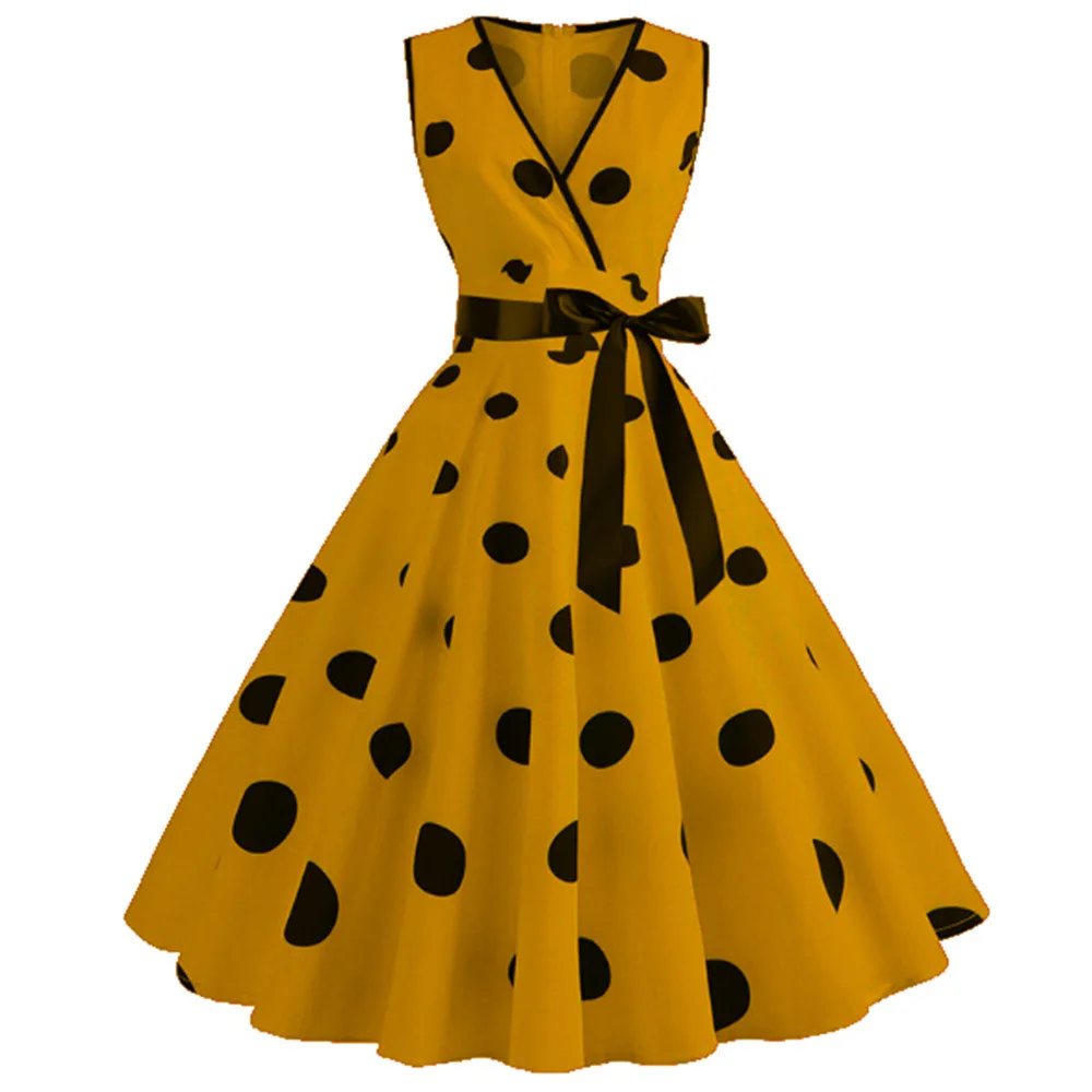 2023 New Casual Short Sleeve Slim Fit V-Neck Sleeveless Retro Polka Dot Print Large Swing Dress Sexy Women's Dress Bow Tie Up
2023 New Casual Short Sleeve Slim Fit V-Neck Sleeveless Retro Polka Dot Print Large Swing Dress Sexy Women's Dress Bow Tie Up
