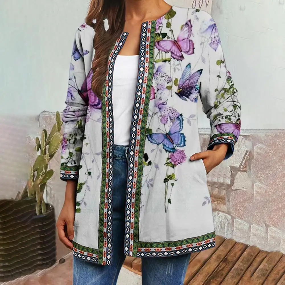

Fabulous Autumn Coat Butterflies Print Vintage Open Stitch Collarless Winter Jacket Outerwear Spring Jacket for Dating