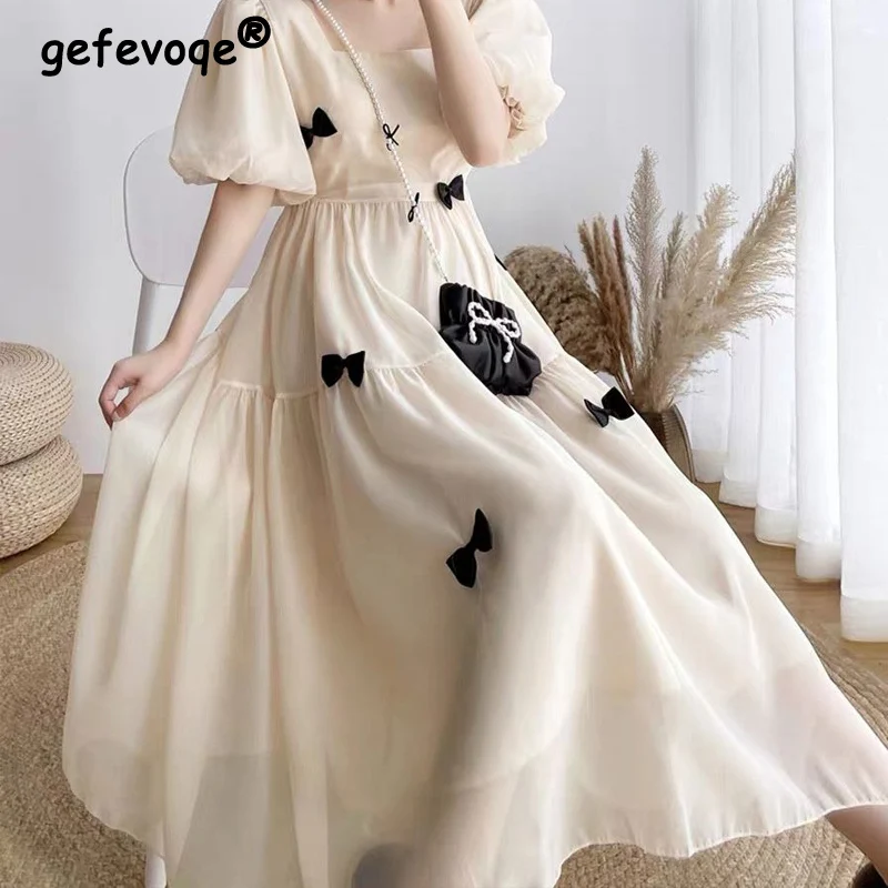 Vintage French Style Sweet Chic Bow Kawaii Midi Dress Women 2022 Summer Casual Solid Color Short Sleeve Mori Girl Fairy Dresses
Vintage French Style Sweet Chic Bow Kawaii Midi Dress Women 2022 Summer Casual Solid Color Short Sleeve Mori Girl Fairy Dresses