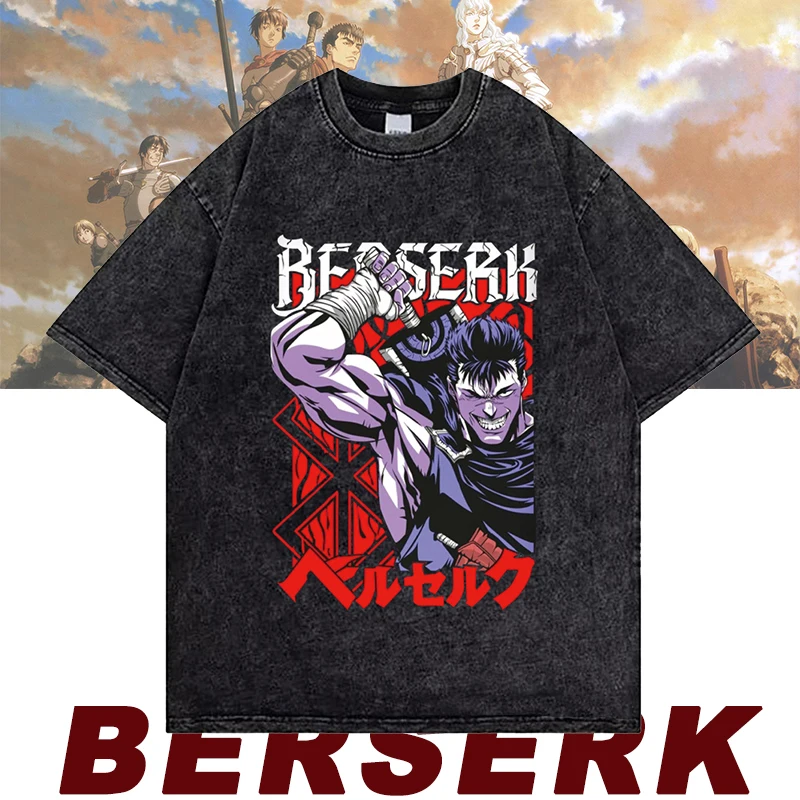 

Anime Berserk Guts Acid Washed T-Shirt 100% Cotton Harajuku Graphic Print Short Sleeves Fashion Men's Hip Hop Casual Streetwear