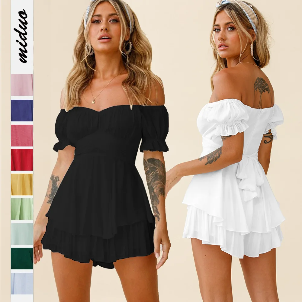 

Europe and America Summer Fashion Trend Jumpsuit Shorts Ruffled Slash Neck Short Sleeve Solid Color Sexy Rompers Playsuit Women