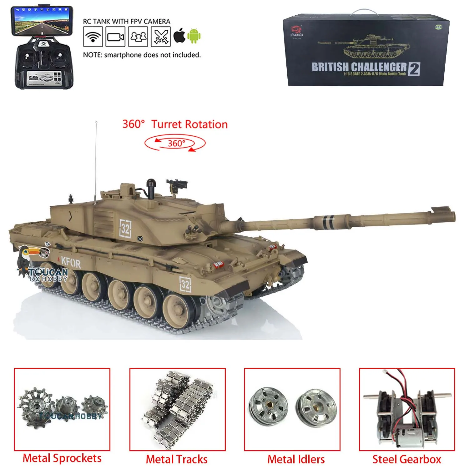 Heng Long 1/16 TK7.0 Upgraded Metal Idlers Challenger II RC Tank 3908 W/ 360° Turret FPV Camera TH17740-SMT1
Heng Long 1/16 TK7.0 Upgraded Metal Idlers Challenger II RC Tank 3908 W/ 360° Turret FPV Camera TH17740-SMT1
