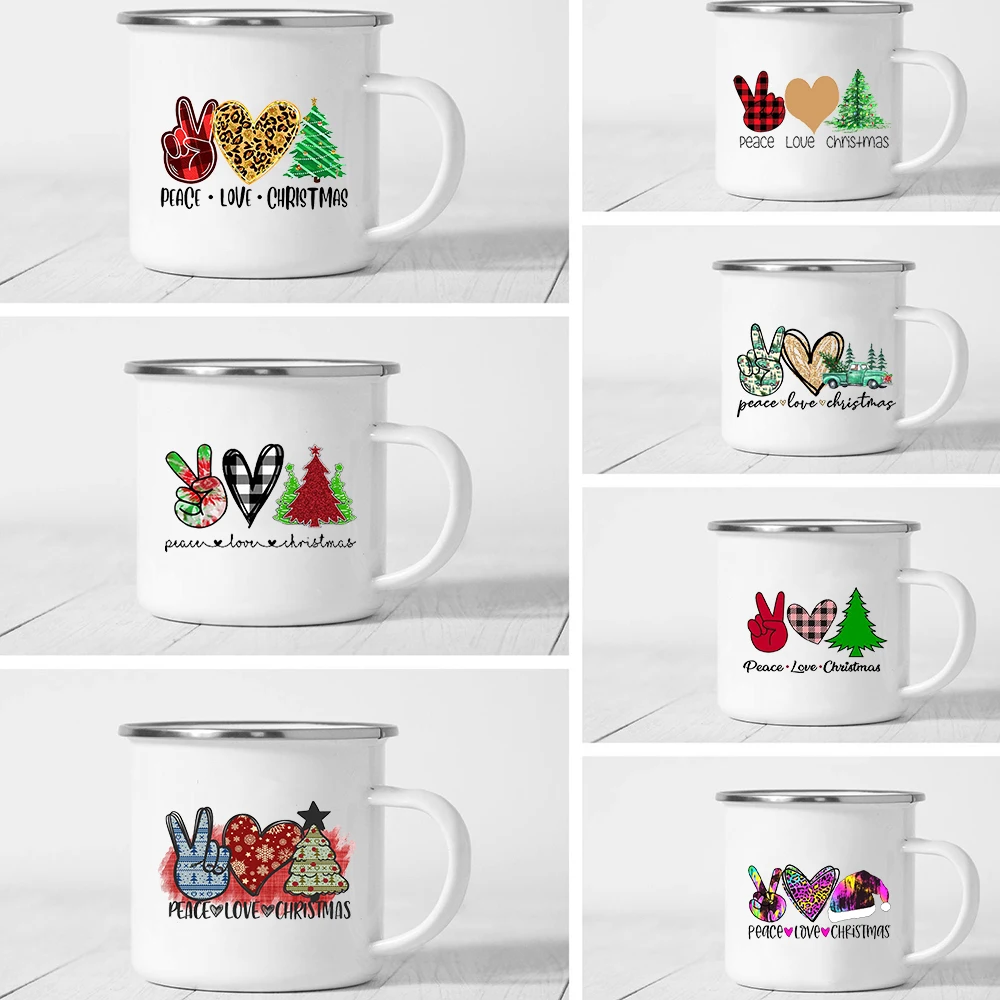 

Peace and Love Christmas Printed Mugs White Coffee Cups Enamel Drink Wine Cup New Year Decoration Gifts For Family Friends Lover