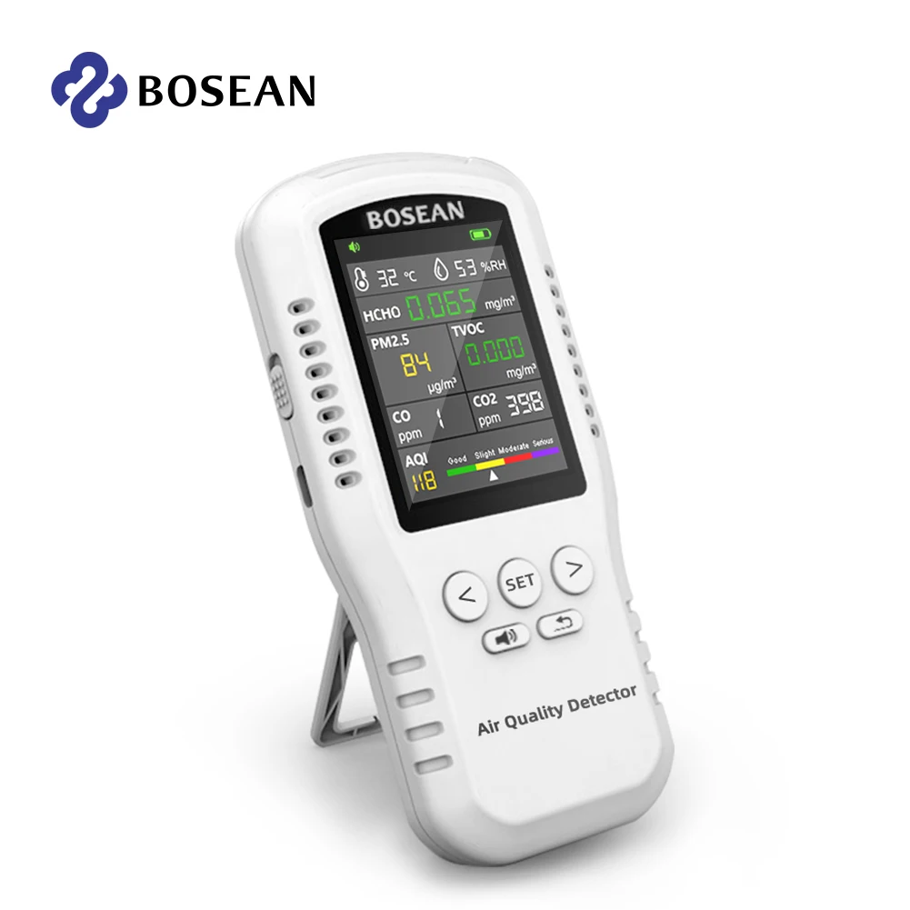 Bosean Air quality Monitor CO2 CO PM2.5 HCHO TVOC Temperature Humidity Monitor Home Air quality detector with Real Sensors
Bosean Air quality Monitor CO2 CO PM2.5 HCHO TVOC Temperature Humidity Monitor Home Air quality detector with Real Sensors