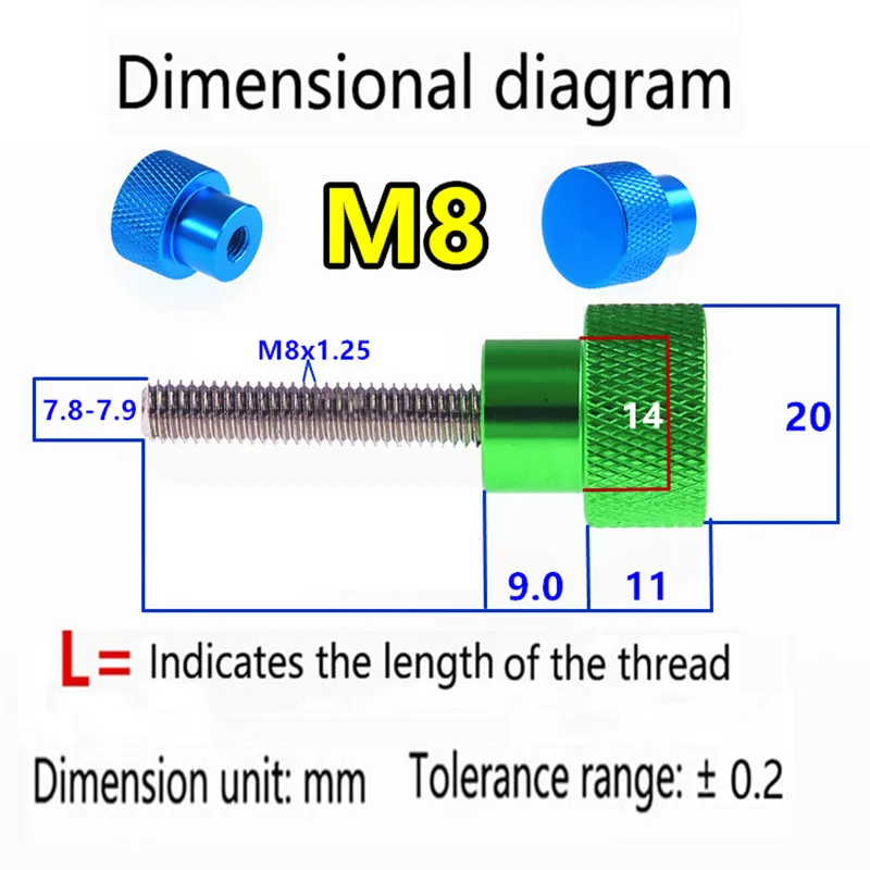 1Pcs M8x6-40mm Aluminum Alloy Thumb Screw Aluminum Knurled Head Stainless Steel Thread Hand Tighten Screws Bolts
1Pcs M8x6-40mm Aluminum Alloy Thumb Screw Aluminum Knurled Head Stainless Steel Thread Hand Tighten Screws Bolts