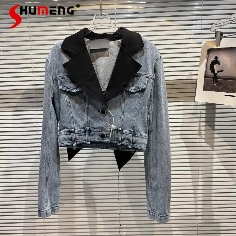 Женская джинсовая куртка с бантом, короткая куртка контрастных цветов с длинным рукавом, в стиле пэчворк, весна-осень 2022 
Женская джинсовая куртка с бантом, короткая куртка контрастных цветов с длинным рукавом, в стиле пэчворк, весна-осень 2022