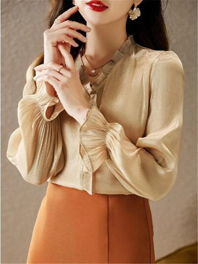 Fungus Ear Blouses Ruffle Tops For Women V-Neck Long Sleeve OL Woman Clothes Age Horn Sleeve Chiffon Shirt Grace Female Blouse
Fungus Ear Blouses Ruffle Tops For Women V-Neck Long Sleeve OL Woman Clothes Age Horn Sleeve Chiffon Shirt Grace Female Blouse