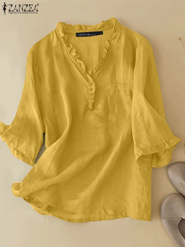 ZANZEA V-Neck 3/4 Sleeve 100% Cotton Shirt Femme Summer Solid Color Ruffles Blouse Fashion Casual Elegant Office OL Mujer Tops
ZANZEA V-Neck 3/4 Sleeve 100% Cotton Shirt Femme Summer Solid Color Ruffles Blouse Fashion Casual Elegant Office OL Mujer Tops