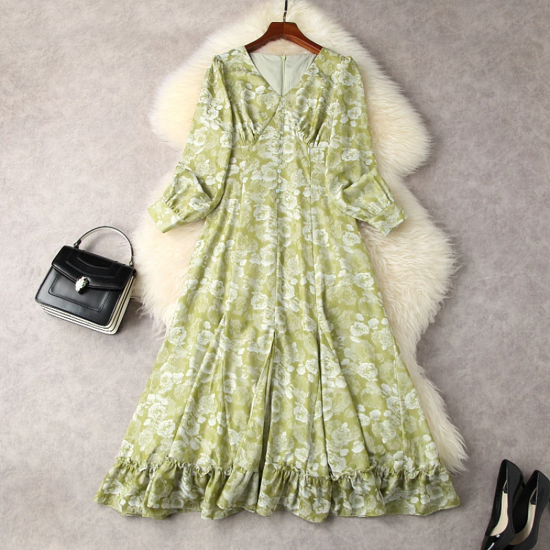 2022 New Long Sleeve Lantern Sleeve V Collar Green Print Fashionable Pleated Dress European and American Women's Wear Spring
2022 New Long Sleeve Lantern Sleeve V Collar Green Print Fashionable Pleated Dress European and American Women's Wear Spring