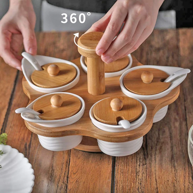5 Pcs Ceramic Condiment Pots With 360° Rotatable Rack & Lids And Spoons Spice Jars, Sugar Bowl Salt Seasoning Container
5 Pcs Ceramic Condiment Pots With 360° Rotatable Rack & Lids And Spoons Spice Jars, Sugar Bowl Salt Seasoning Container