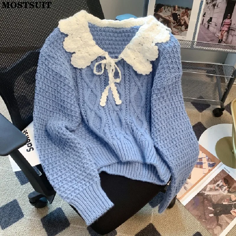 

Elegant Stylish Knitted Sweater Pullover Women Autumn Winter Long Sleeve Peter Pan Collar Bowtie Jumpers Tops Knitwear 2023