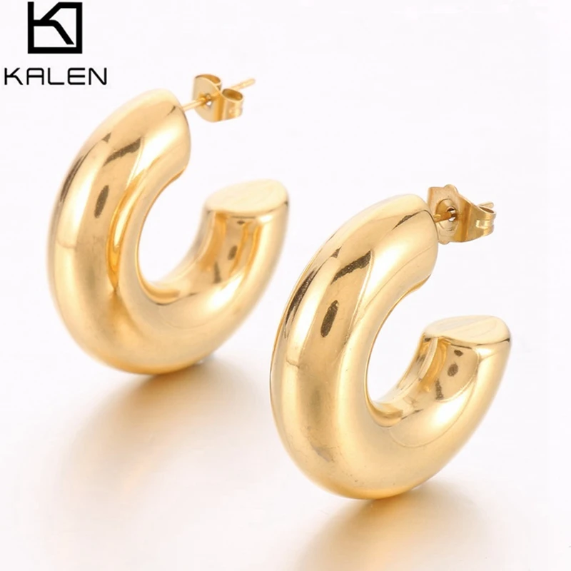 

Stainless Steel Chunky Stud Open Hoop Earrings For Women Statement Metal Texture Golden Geometric Unusual Earrings Gift Female