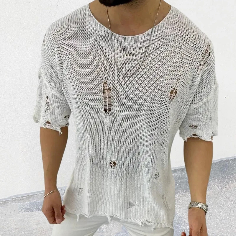 Vintage Knitting T Shirts Men Summer Short Sleeve O Neck Fashion Ripped Tee Streetwear Mens Leisure Solid Color Knit Jumper Tops
Vintage Knitting T Shirts Men Summer Short Sleeve O Neck Fashion Ripped Tee Streetwear Mens Leisure Solid Color Knit Jumper Tops