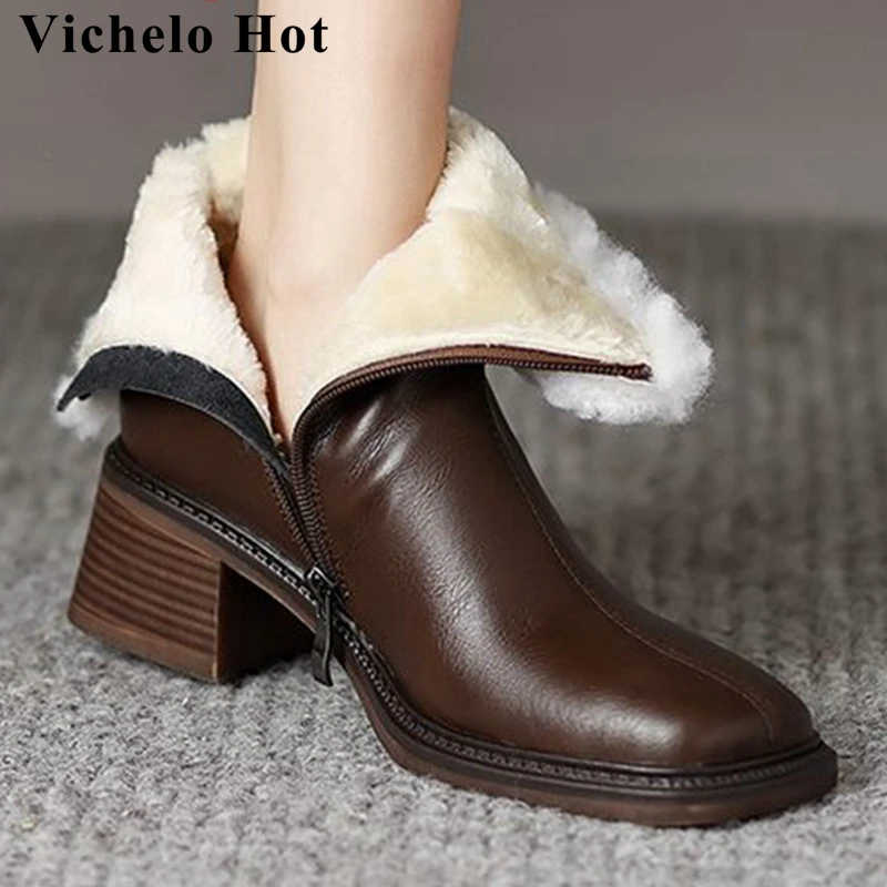 Vichelo Hot Cow Leather Thick High Heels Cold Resistance Snow Boots Keep Warm Square Toe Zipper England Style Party Ankle Boots
Vichelo Hot Cow Leather Thick High Heels Cold Resistance Snow Boots Keep Warm Square Toe Zipper England Style Party Ankle Boots